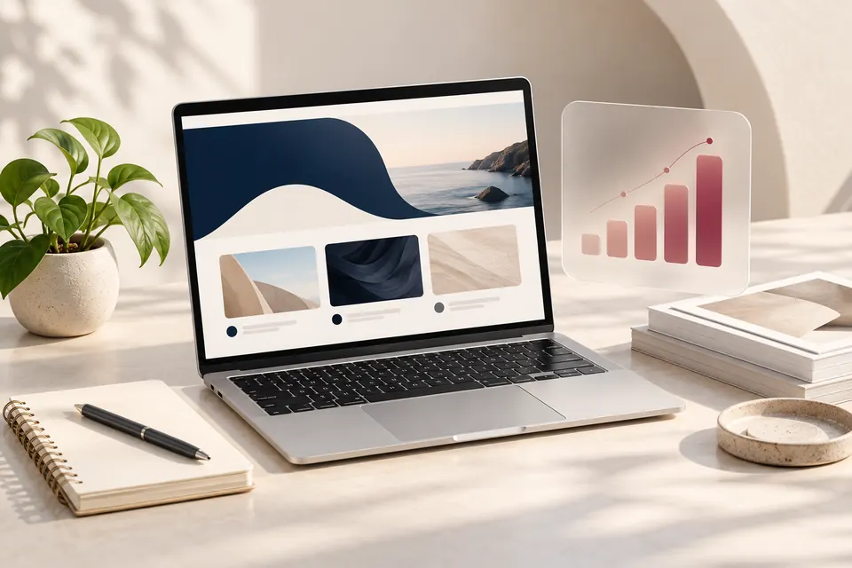 Illustration of a laptop, organised workspace and business insights.